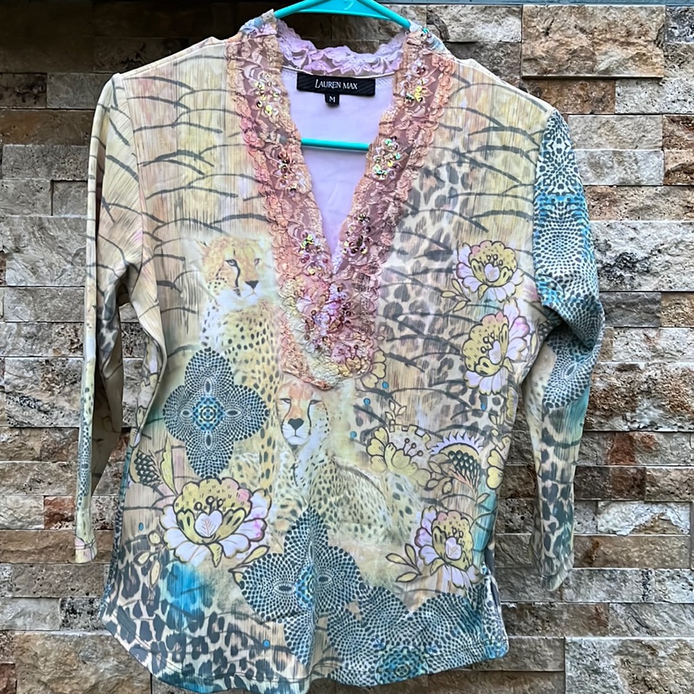 Lauren Max Top Size M Yellow Multi Lion Jungle Animal Lace Trim 3/4